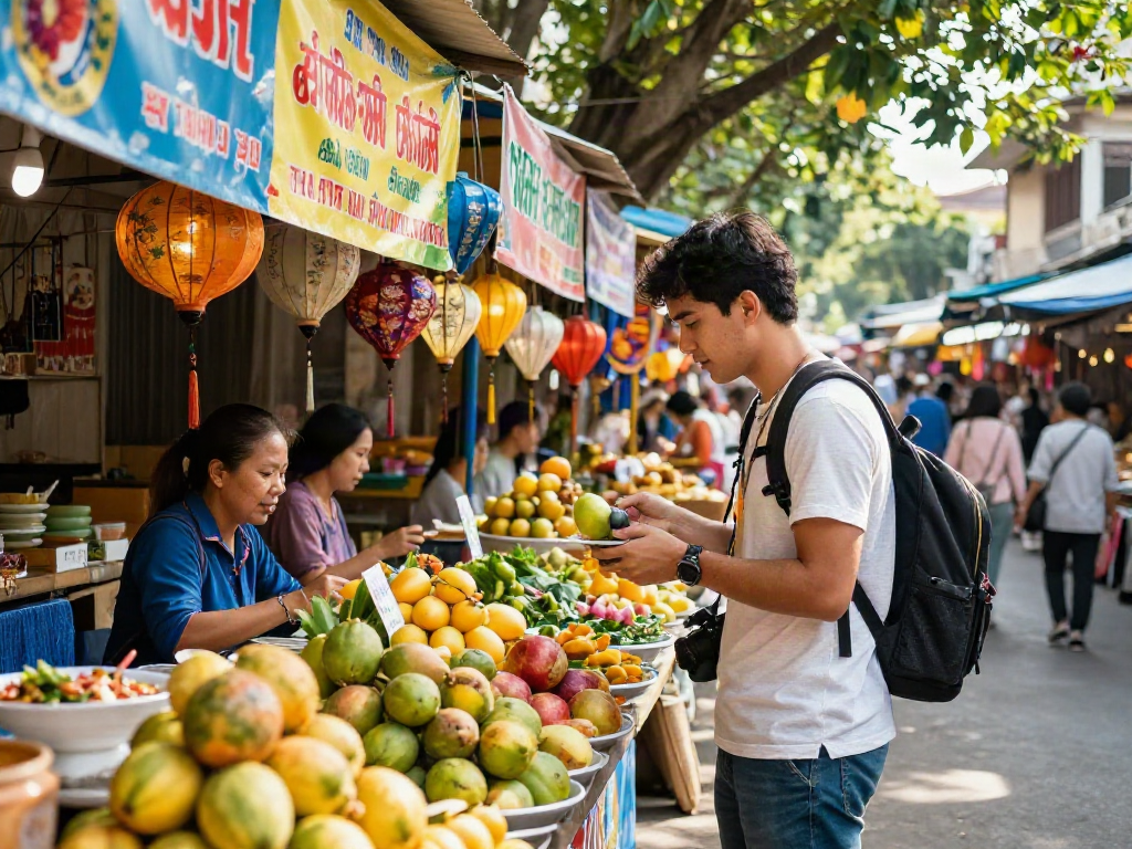 Experience vibrant culture at https://joeyvisavietnam.com/ with a traveler exploring a Vietnamese street market.