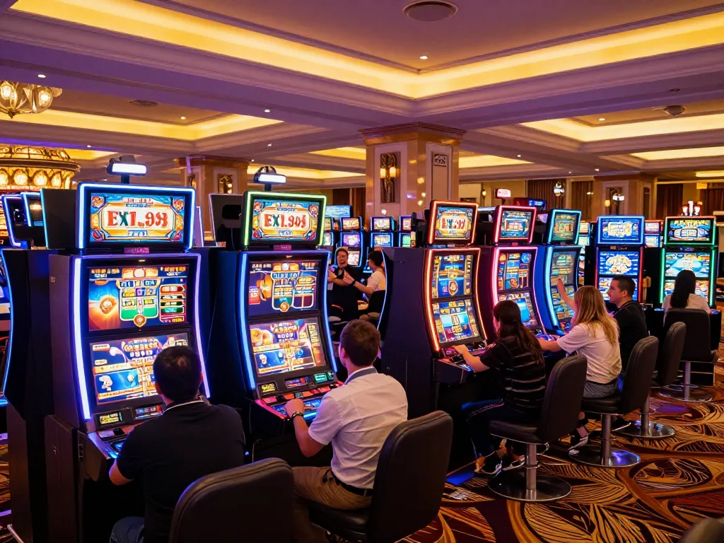 Players enjoying the vibrant slot machines at F168 casino, celebrating wins in a lively atmosphere.