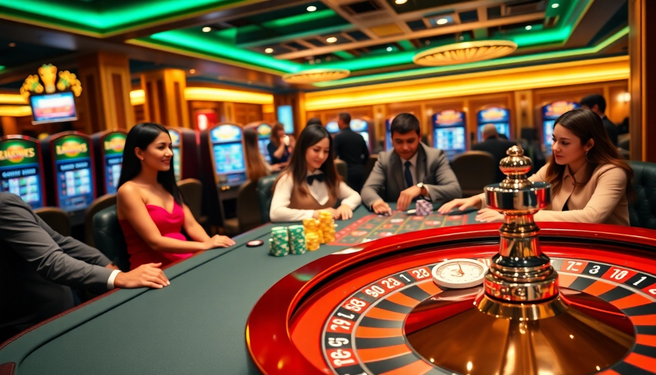 Play thrilling Slot365 games at a vibrant casino table surrounded by eager players.