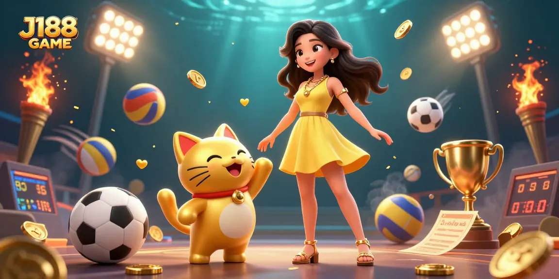 Engage with the vibrant J188 GAME featuring sports icons and a cheerful character amidst golden coins and playful elements.