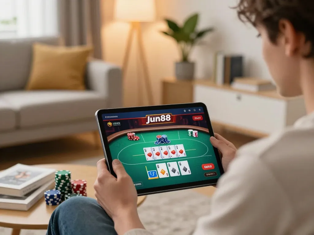 Player engaging in online poker gameplay on jun88 platform, showcasing modern home gaming setup.