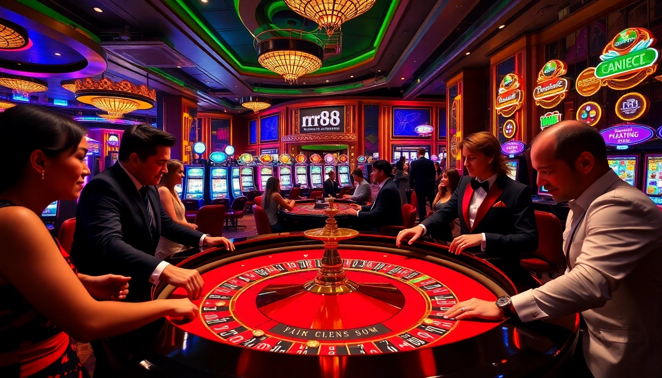 Players enjoying games at rr88 com's luxurious casino atmosphere with roulette and vibrant slot machines.