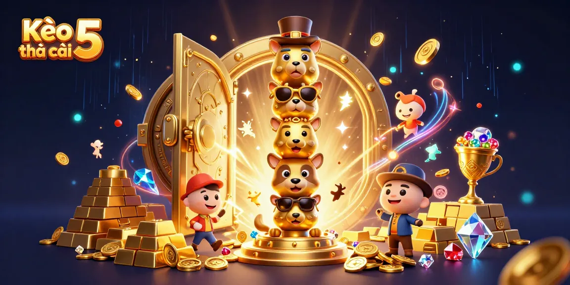 Kèo nhà cái 5 showcases a vibrant, animated gambling scene filled with treasures and lively characters.
