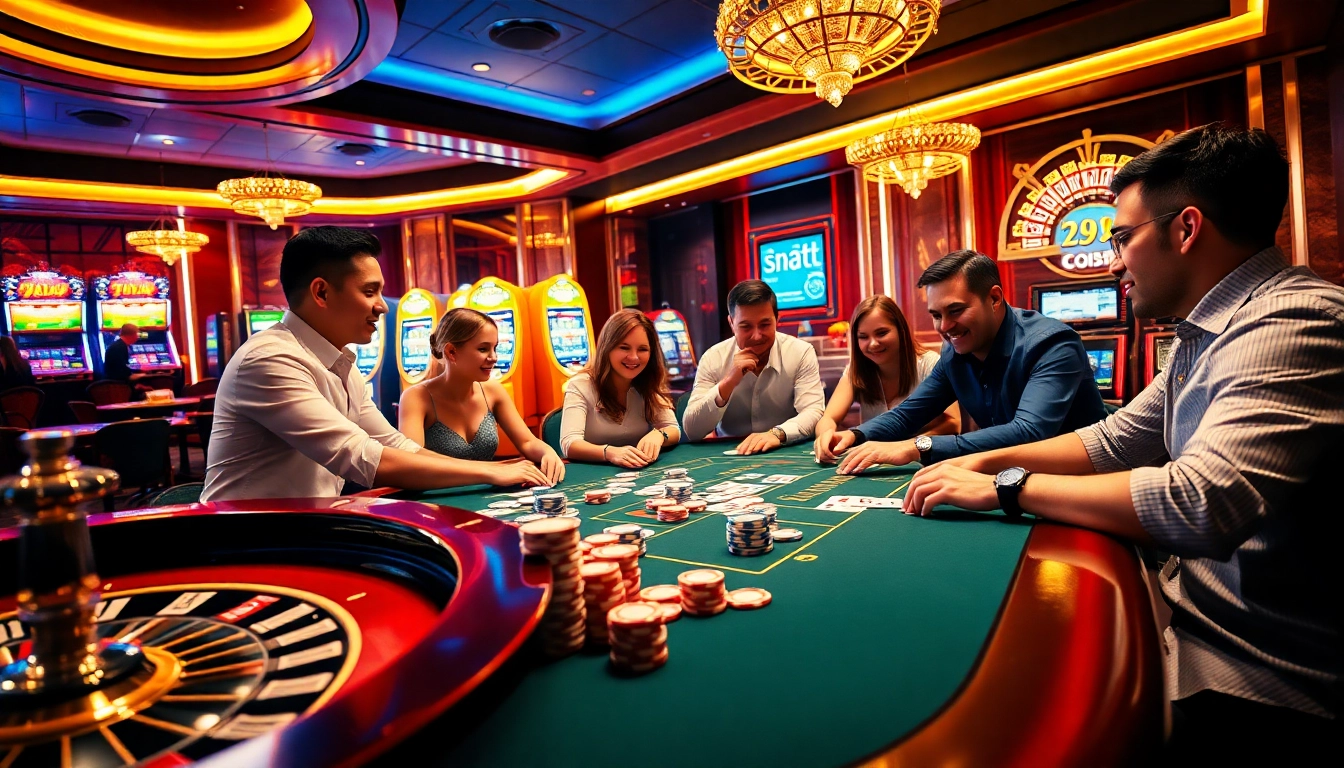 Exciting game at 79win with players focused on poker chips and cards at a luxury casino table.