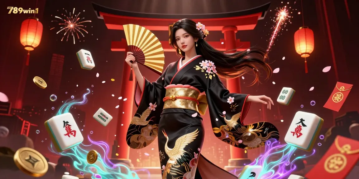Engage with 789win1 in a vibrant casino illustration showcasing dynamic elements like mahjong tiles and cherry blossoms.