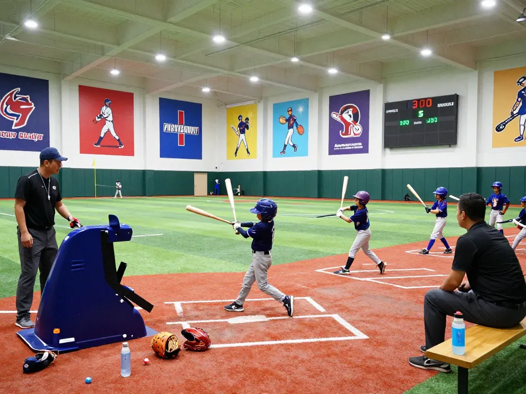 Hitclub athletes training with coaches in a vibrant indoor baseball facility.