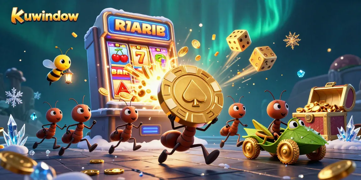 kuwindow's vibrant casino adventure scene featuring ants with a poker chip amidst dynamic gaming elements.