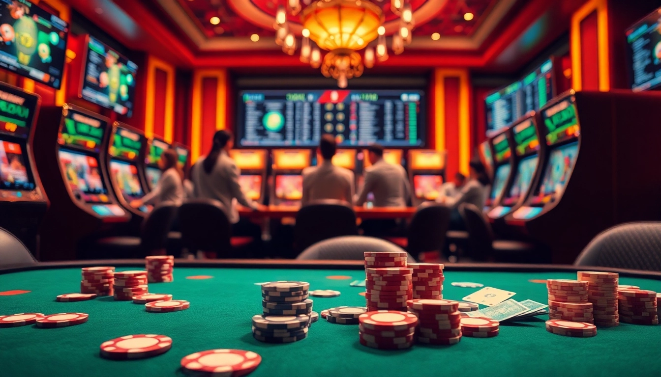 Play thrilling poker at https://xoilac.review/ while enjoying a luxurious casino atmosphere with vibrant lighting.