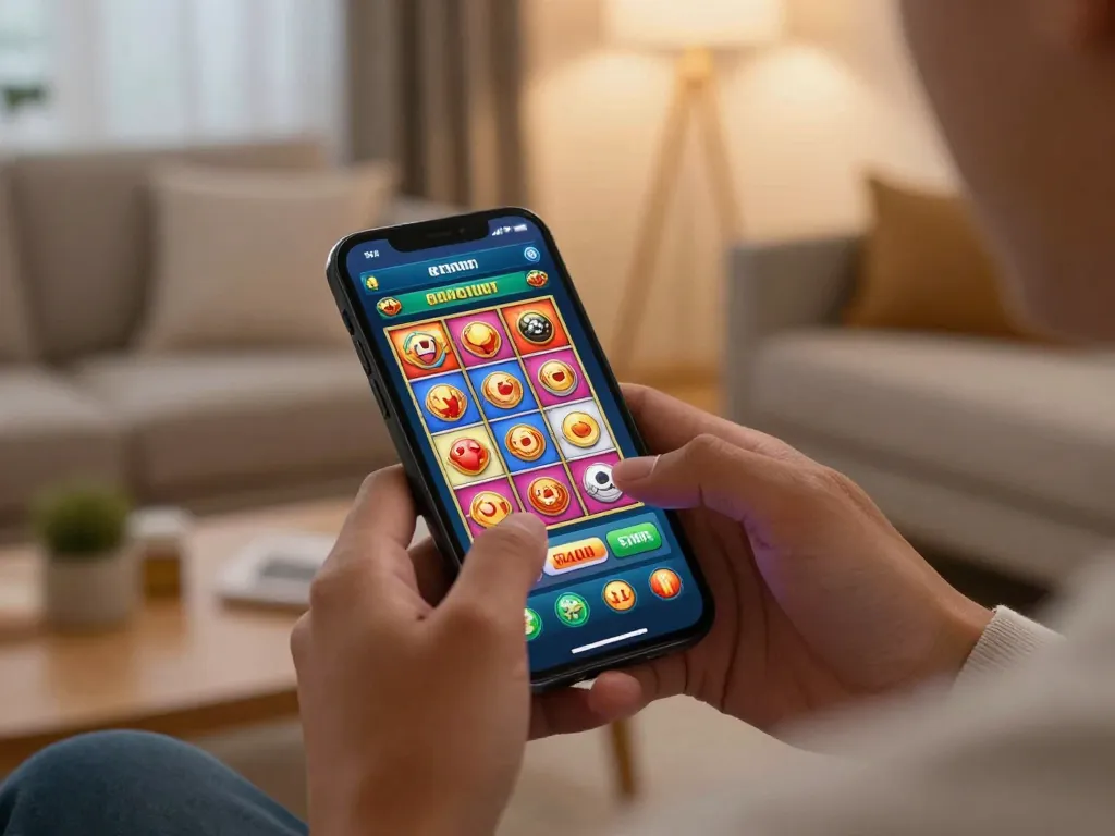 DEBET mobile app interface showing slot machine gameplay with vibrant colors in a cozy home setting
