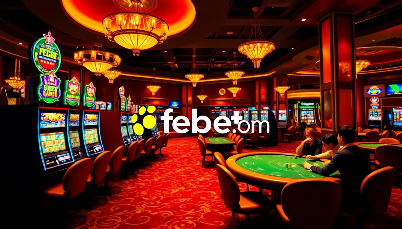 Experience thrilling gaming at febet.com with vibrant slot machines and elegant poker tables.