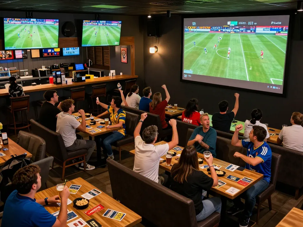 Cakhia fans excitedly engaged in live football matches at a sports bar, showcasing vibrant atmosphere.