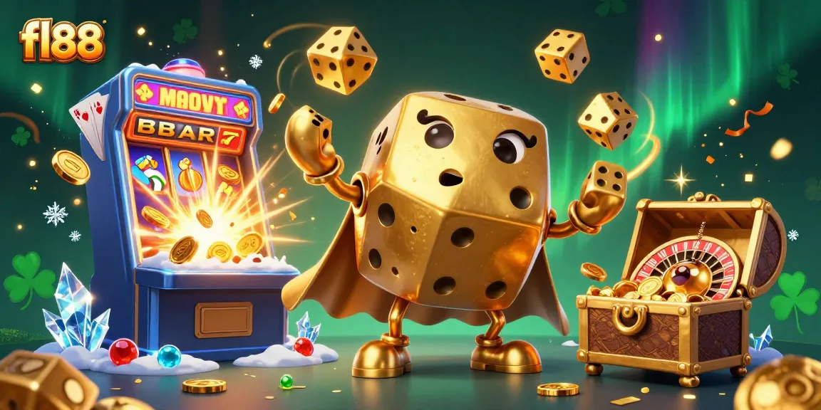 fl88 dice golem juggling golden dice in an explosive casino scene filled with slot machines and treasures