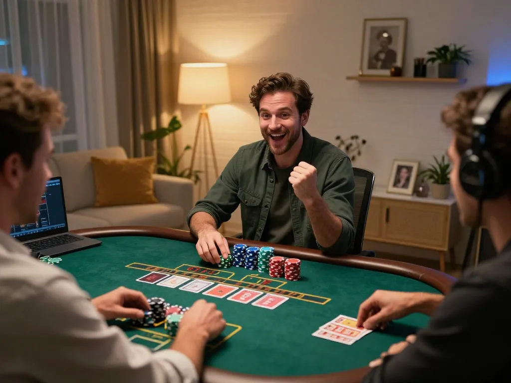 Player enjoying blackjack at 78win online casino in a cozy home setting