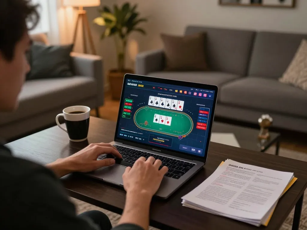 Engaging in online casino gameplay on laptop at home while exploring trang chủ C168 and refining strategies.