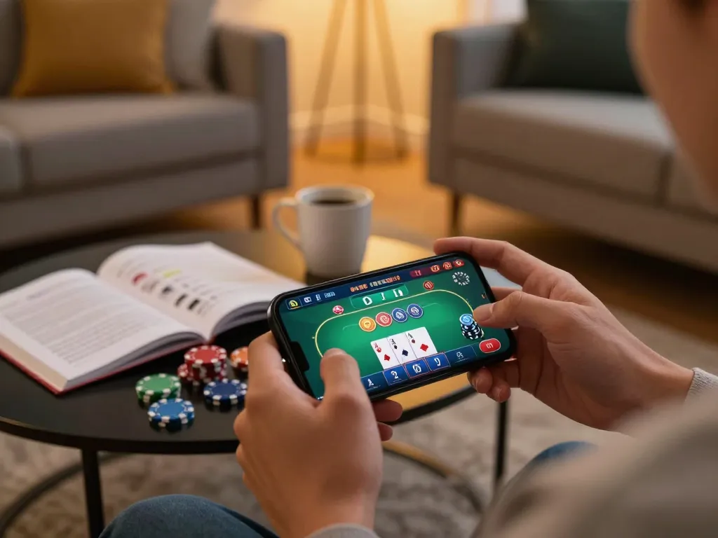 Engaging in mobile casino games on 789win with poker interface and strategy notes nearby