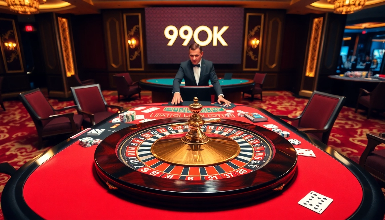 Experience the elegance of 99OK casino with poker chips and cards at a vibrant table.