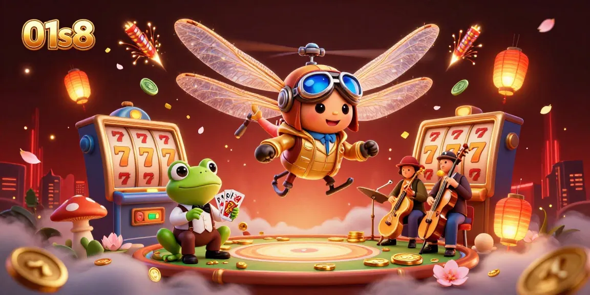 Play exciting slots at 01s8 with a vibrant casino scene featuring engaging characters and dynamic game elements.