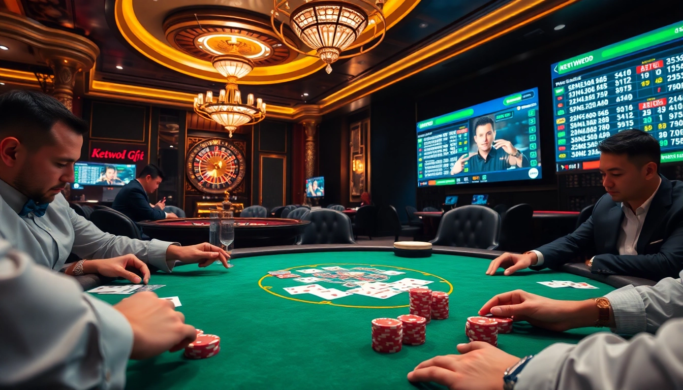 Exciting scene of a high-stakes poker game showcasing keo nha cai 5 with vibrant chips and cards.