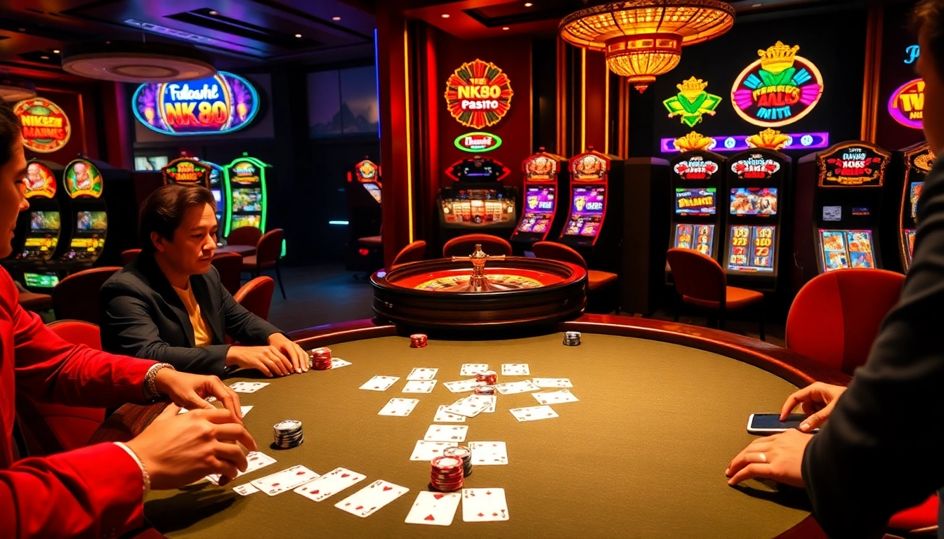 NK88 players strategizing at an elegant poker table amid colorful casino excitement.