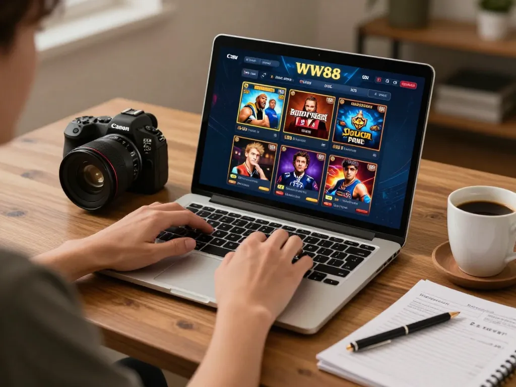 Player engaging in online gaming at WW88 using laptop and strategy notes in cozy setting.