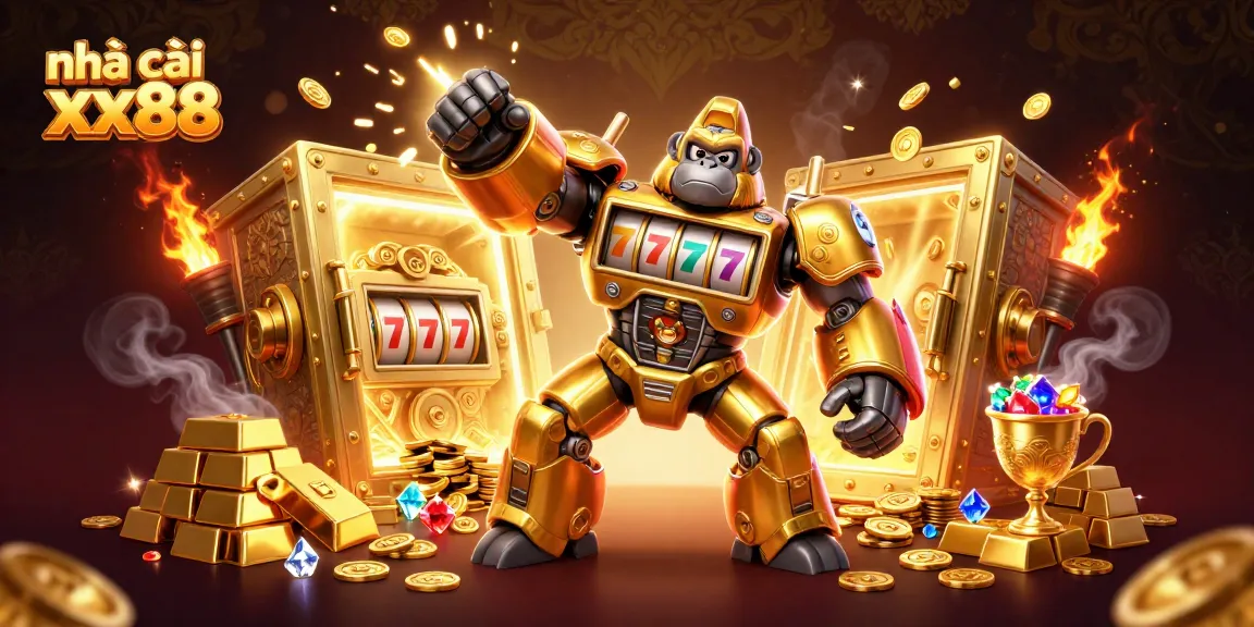 Experience the thrill of nhà cái xx88 with dynamic casino elements and a stunning golden gorilla mech.