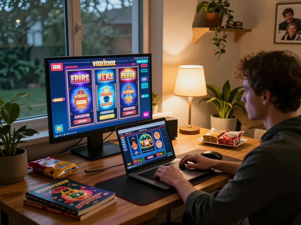 Player enjoying O8 casino games on laptop in a cozy home setup with strategy notes.