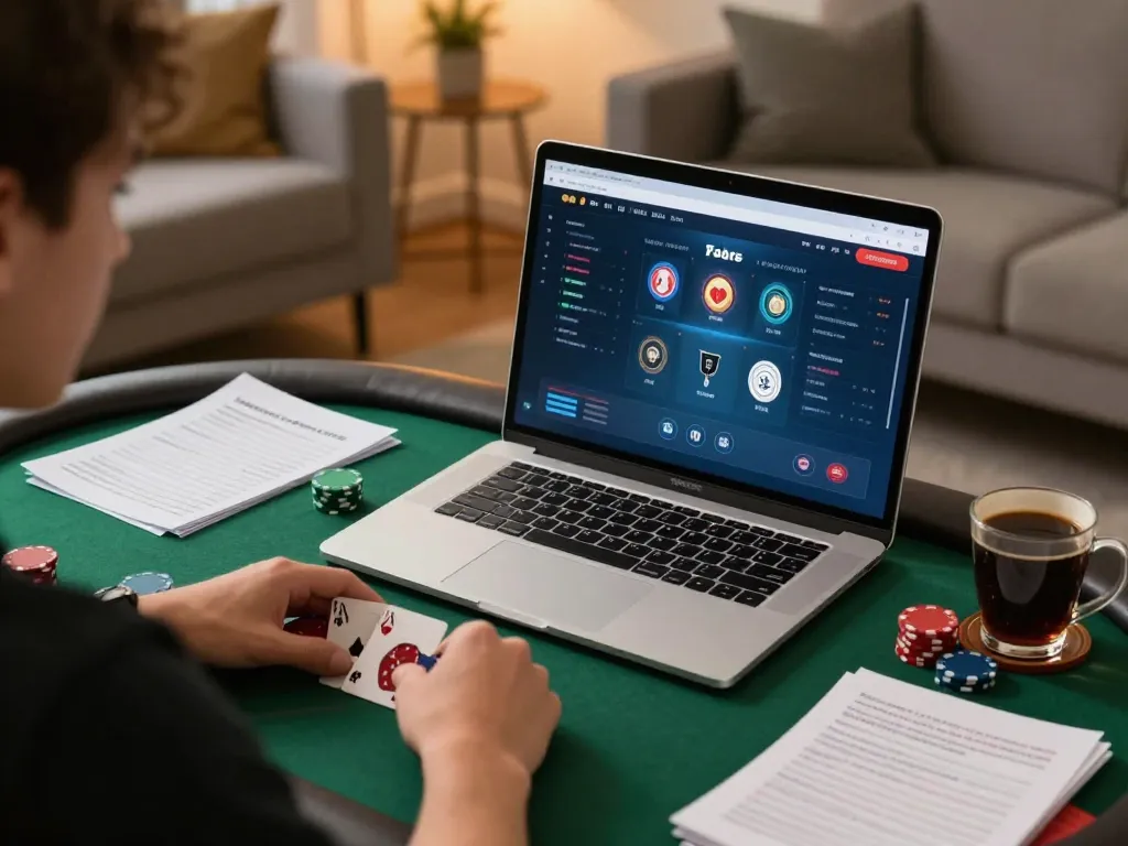 Engaged poker gameplay at home on laptop showcasing nhà cái cf68 features, highlighting strategic bets.