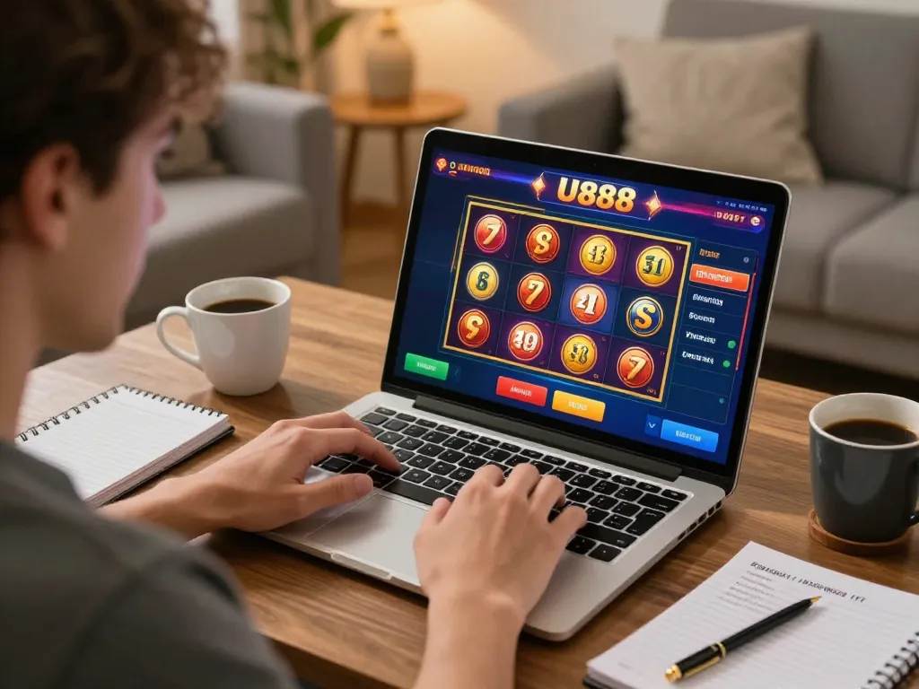 U888 player strategizing with slots on laptop at home, illustrating online casino action.