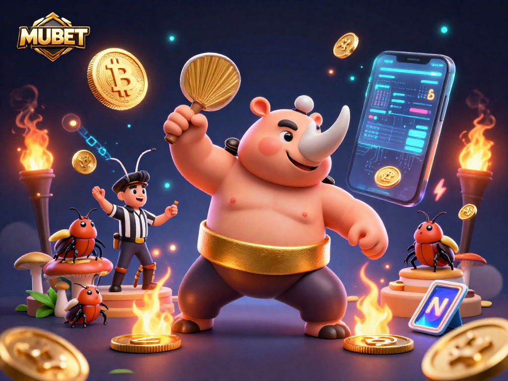 MUBET showcases a dynamic scene with a rhinoceros beetle champion at a crypto casino match.