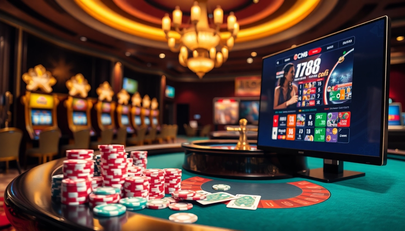 Experience the excitement of cm88 with vibrant casino elements, including poker chips and cards.