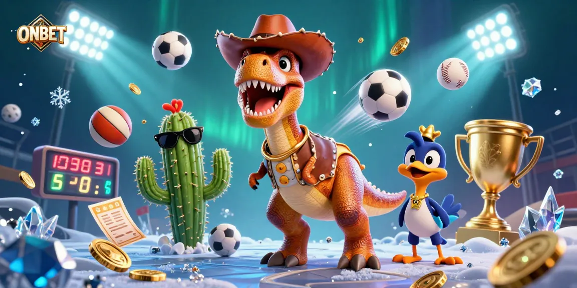 Experience ONBET’s thrilling gaming adventure with a vibrant casino scene featuring T-Rex and friends.