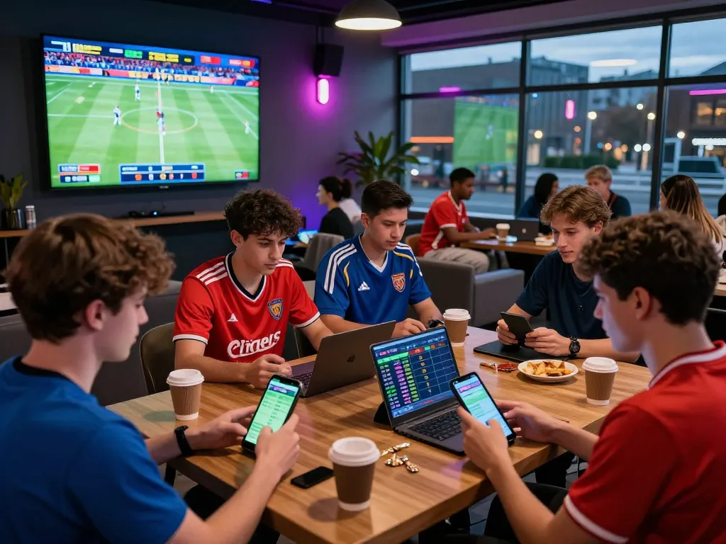 Engaged group at an online sports betting event showcasing zbet on screens and devices.