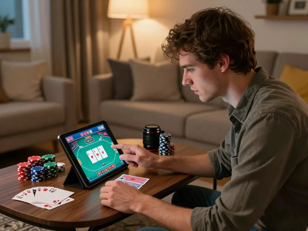 Player enjoying an online poker game at home while practicing strategic bankroll management with VT88.