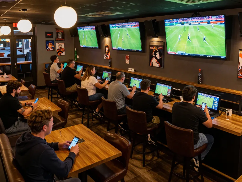 KQBD provides real-time football updates, with engaged patrons enjoying live sports betting in a vibrant sports bar atmosphere