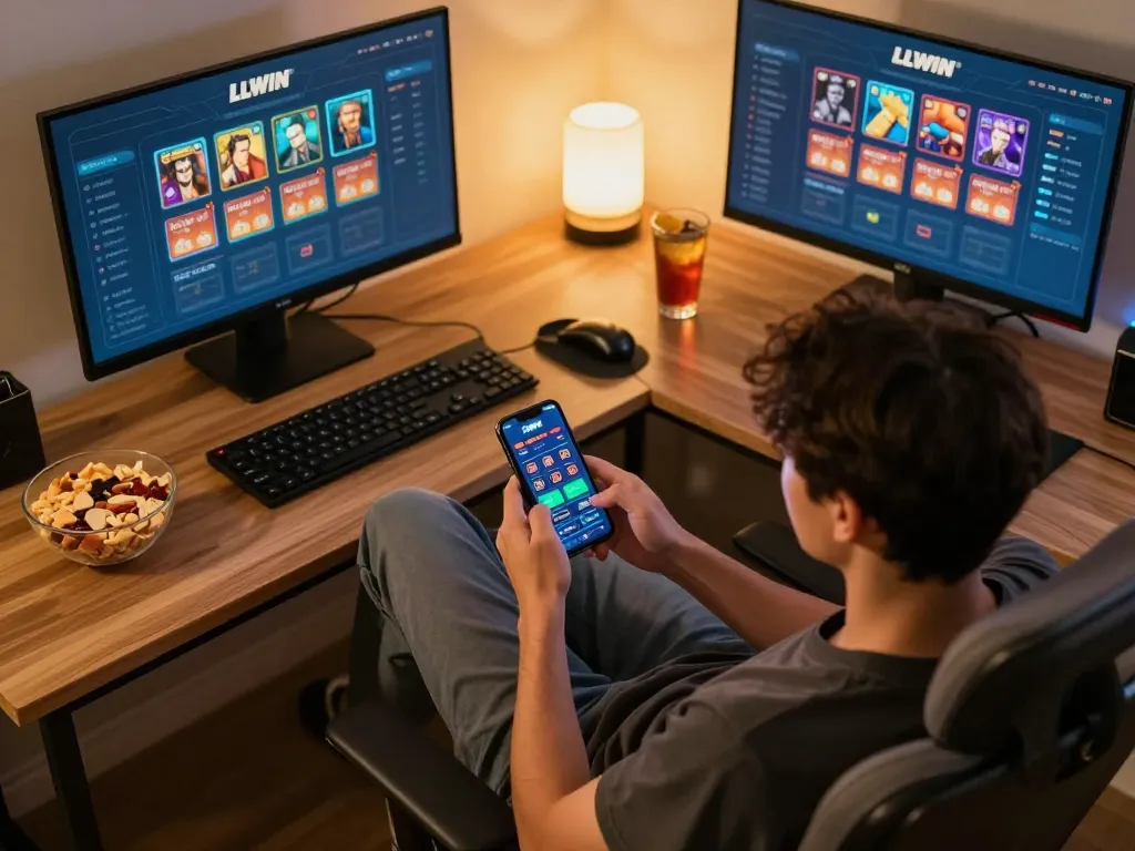 Engaging in LLWIN Download through mobile app in a cozy home gaming setup, person focused on betting.