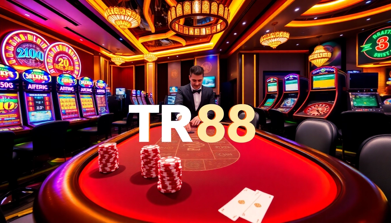 Experience high-stakes gambling at TR88 with a thrilling casino environment featuring poker tables and roulette wheels.