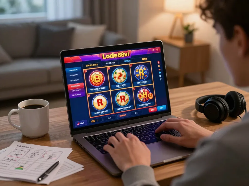 Person playing the lode88vi online casino on a laptop, showcasing a responsible gaming environment.