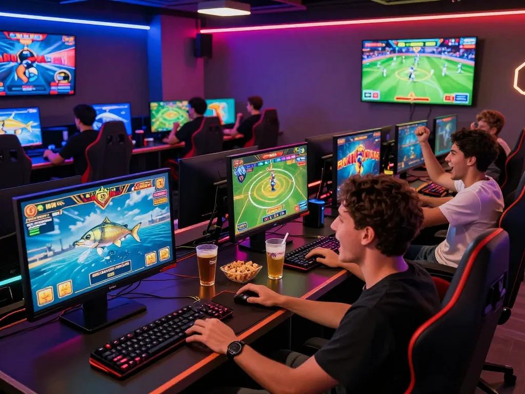 Exciting gaming lounge experience at https://79kingg.us/ showcasing friends enjoying online casino games.