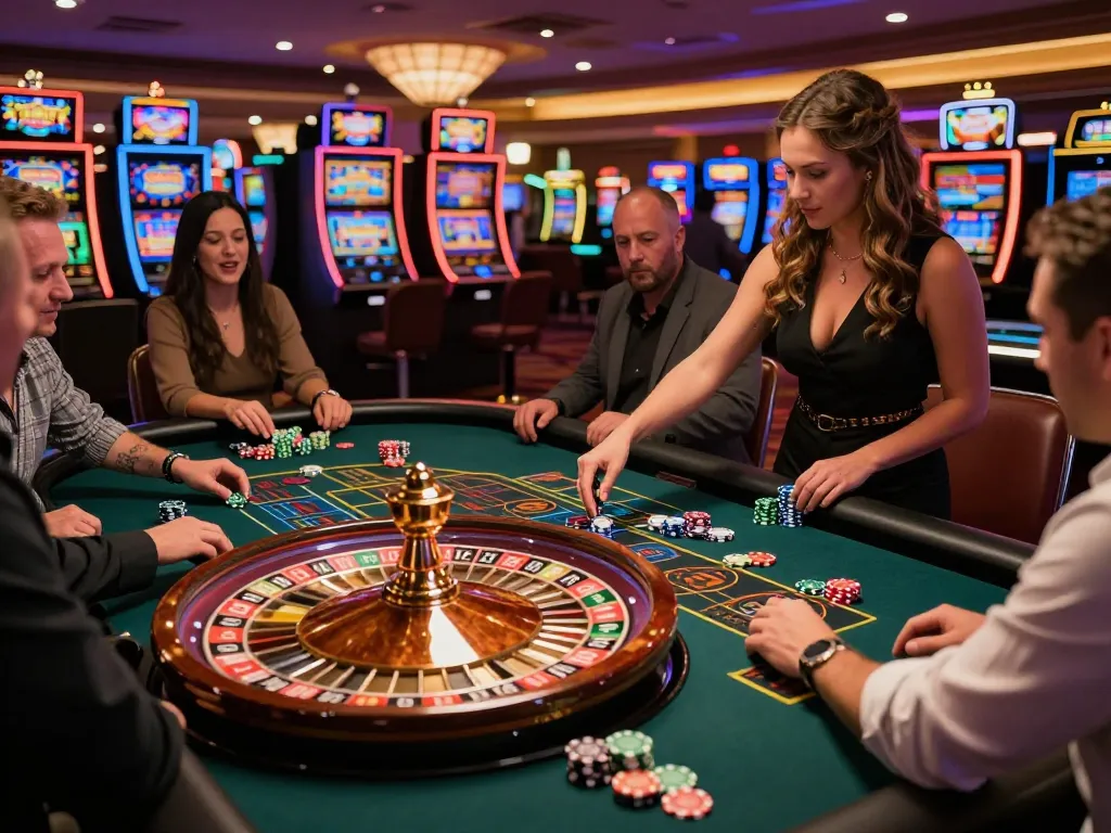 FLY88 players engaged in an exciting roulette game with vibrant casino atmosphere.