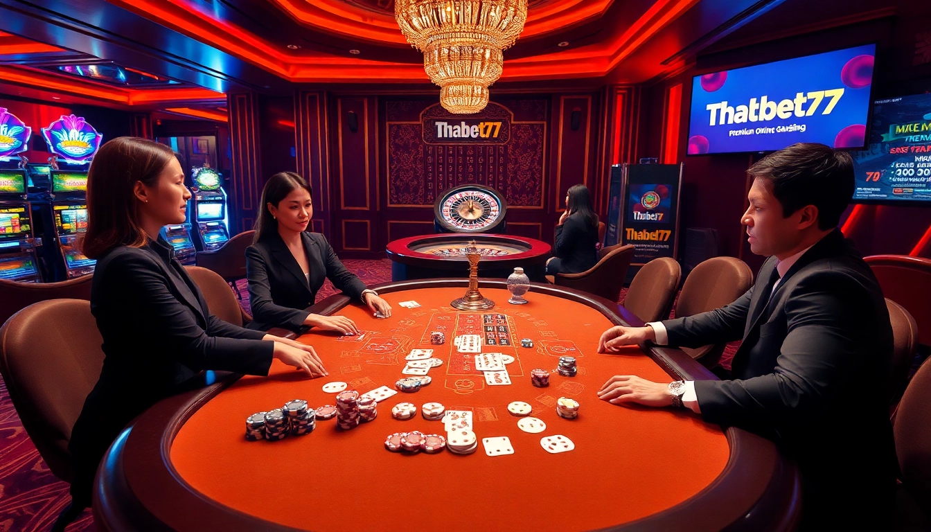 Players immersed in an exciting poker game at Thabet77 Casino, showcasing luxury and engaging gambling action.