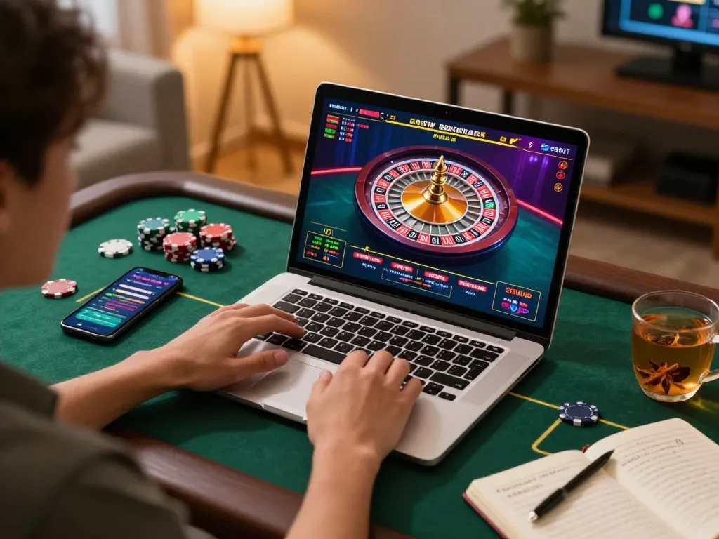 DABET gaming scenario with player engaging in live roulette action on a laptop in a cozy home office.