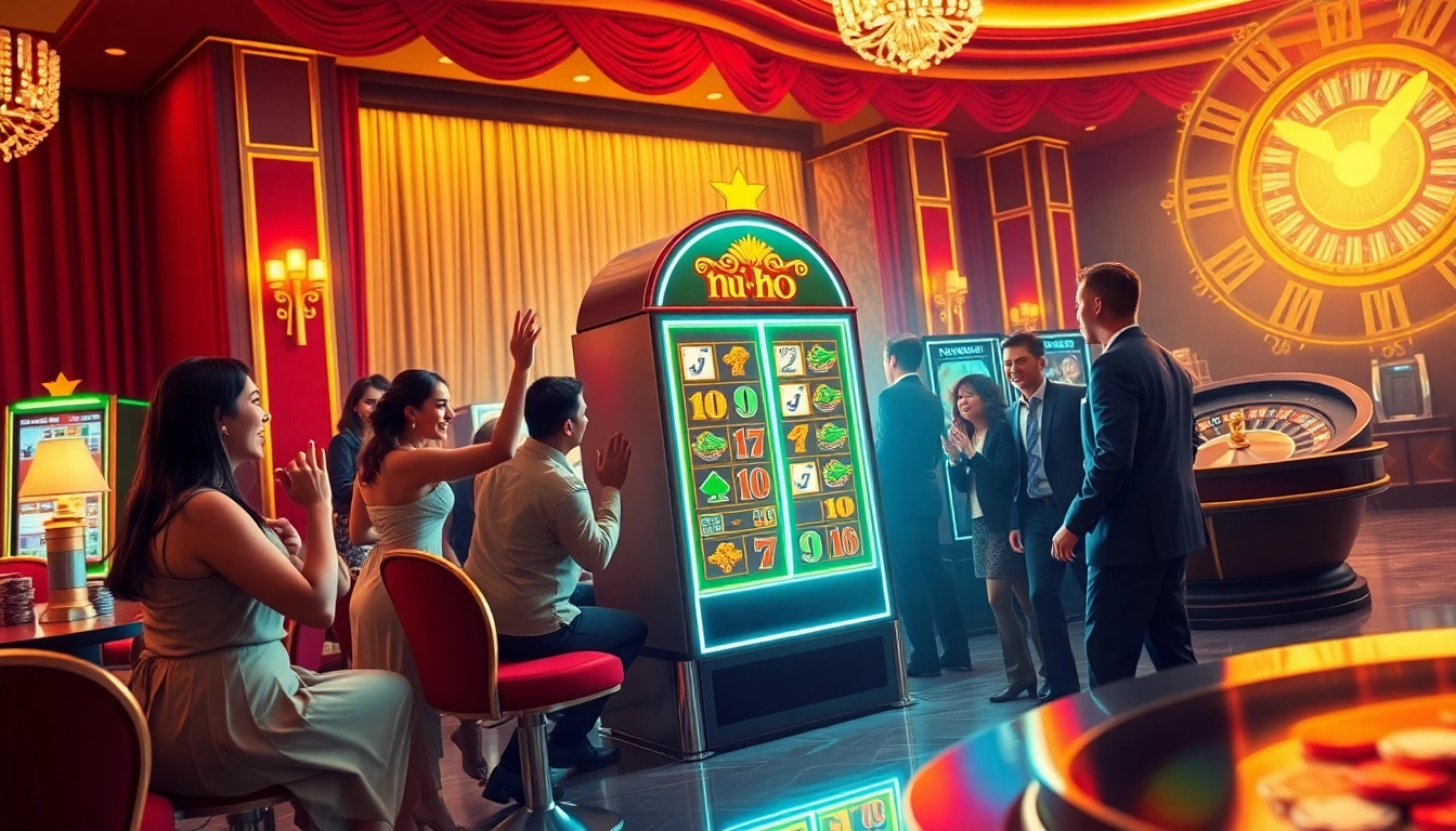 Excited players celebrating a nổ hũ jackpot win at a luxurious casino.