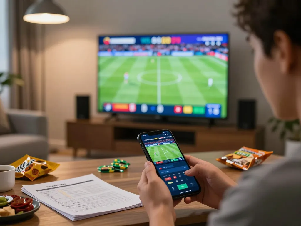 Engaged user placing bets on V9BET sports app while watching a live match at home.