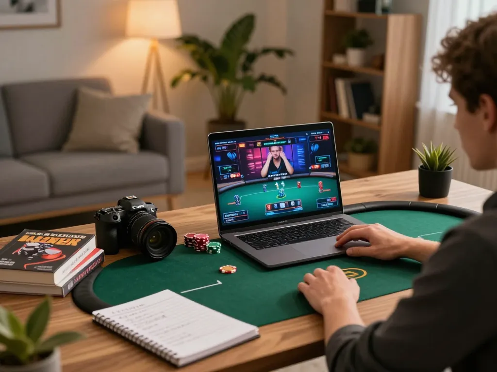 NK88 player analyzing strategies in cozy online poker game setup at home.