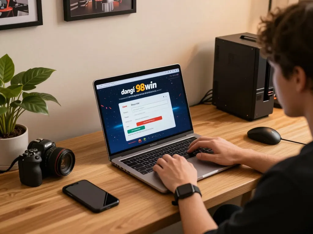 Registering for đăng ký 98win on a laptop in a cozy home gaming setup promoting responsible gambling