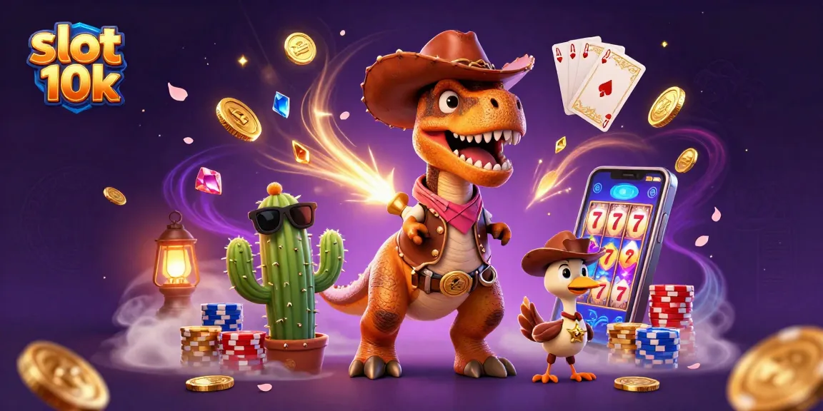 Engage with slot 10k action in a vibrant casino scene featuring colorful characters, coins, and gaming elements.