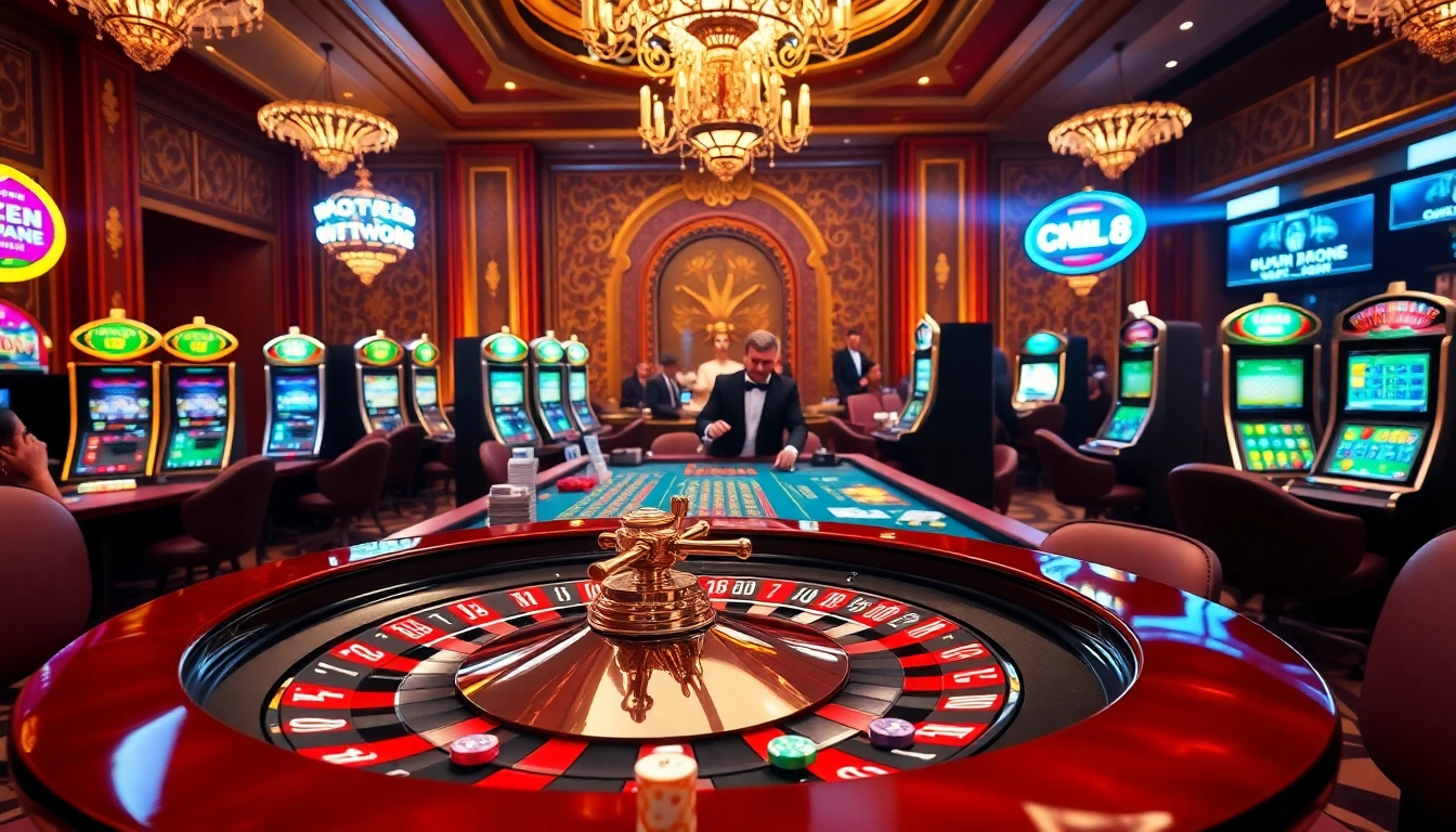 Experience thrilling gaming moments at GO8's luxurious casino tables with poker chips and slot machines.