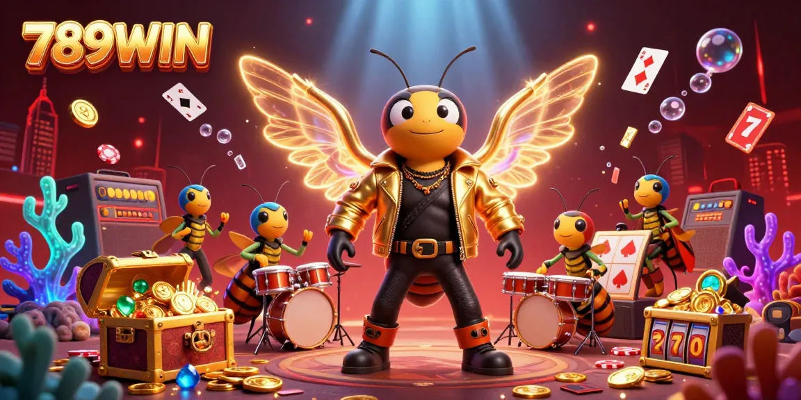 Experience the thrill of the 789WIN casino with a 3D illustration featuring a rock star cicada and dynamic game elements.