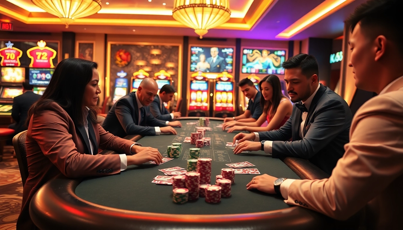 Players at a KK55 casino table engage in thrilling poker action, surrounded by vibrant slot machines.
