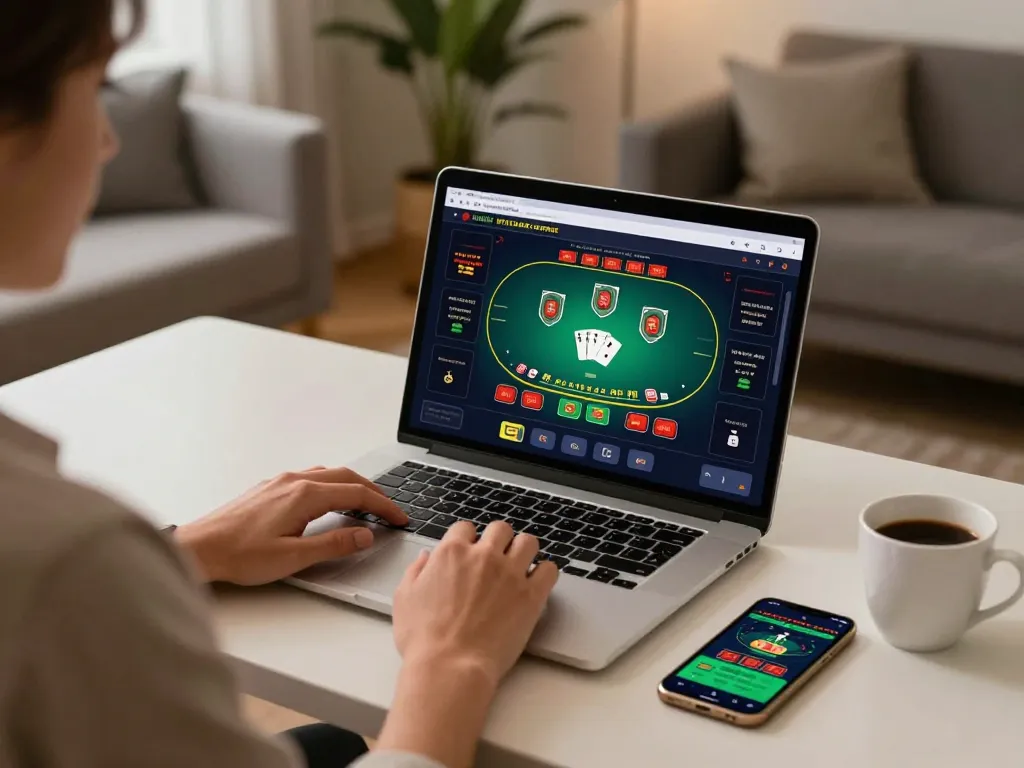 Hubet user enjoying online Blackjack gaming on sleek laptop in cozy environment.
